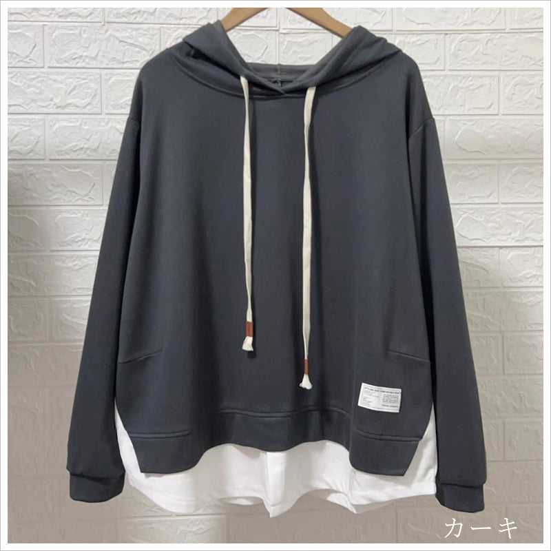 RA993 トップス ゆったり フィット リラックス フード オーバーサイズ 重ね着風 体型カバー レイヤード風