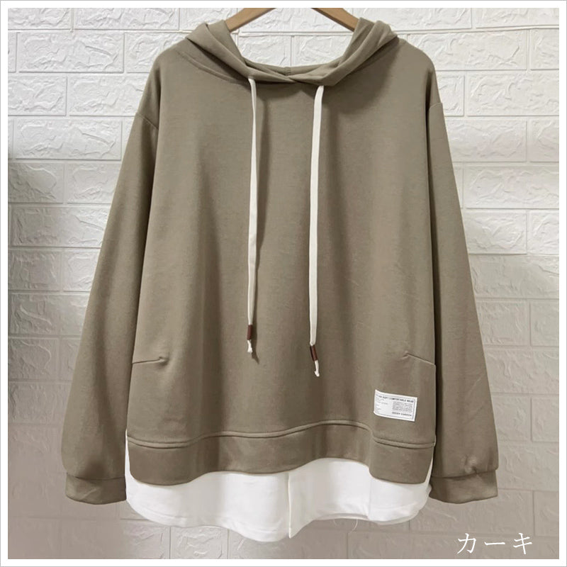 RA993 トップス ゆったり フィット リラックス フード オーバーサイズ 重ね着風 体型カバー レイヤード風