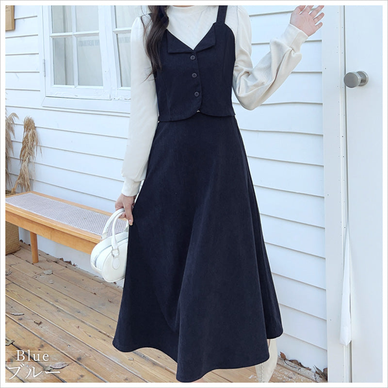 RA995 レディース ワンピース ロングワンピース コーデュロイ レイヤード風 重ね着風 ミモレ丈