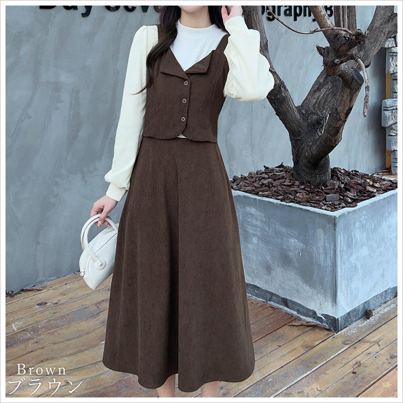 RA995 レディース ワンピース ロングワンピース コーデュロイ レイヤード風 重ね着風 ミモレ丈