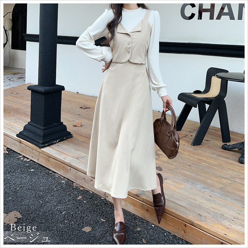 RA995 レディース ワンピース ロングワンピース コーデュロイ レイヤード風 重ね着風 ミモレ丈