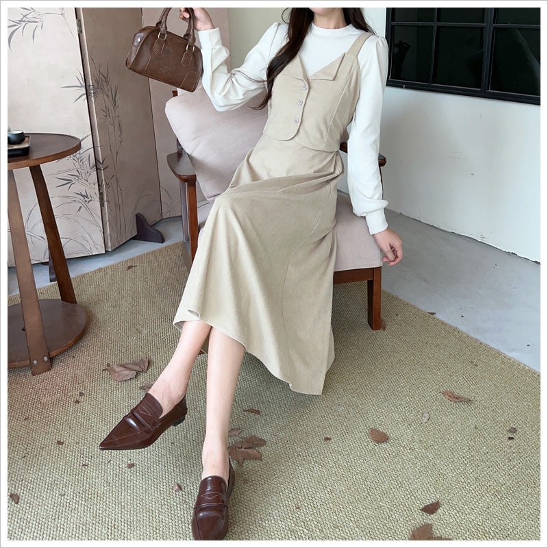 RA995 レディース ワンピース ロングワンピース コーデュロイ レイヤード風 重ね着風 ミモレ丈