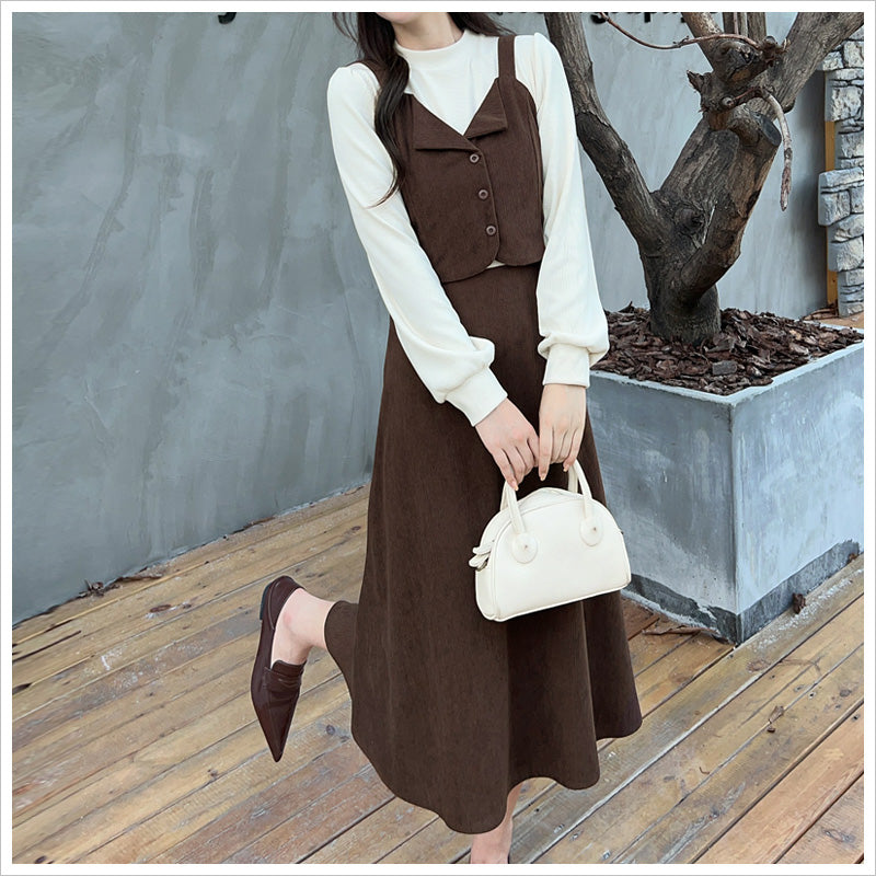 RA995 レディース ワンピース ロングワンピース コーデュロイ レイヤード風 重ね着風 ミモレ丈