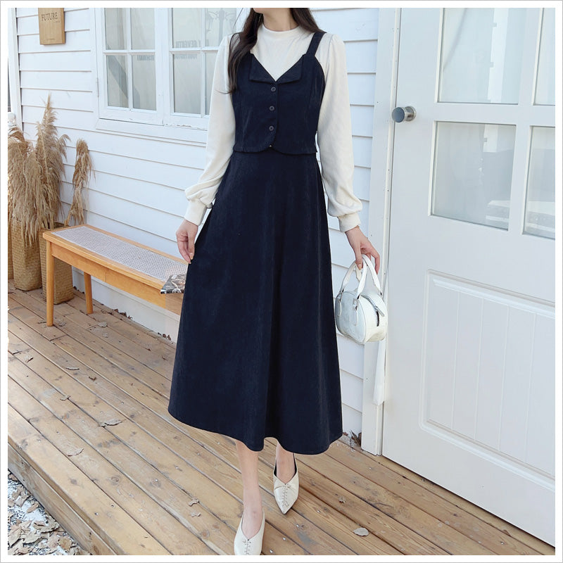 RA995 レディース ワンピース ロングワンピース コーデュロイ レイヤード風 重ね着風 ミモレ丈