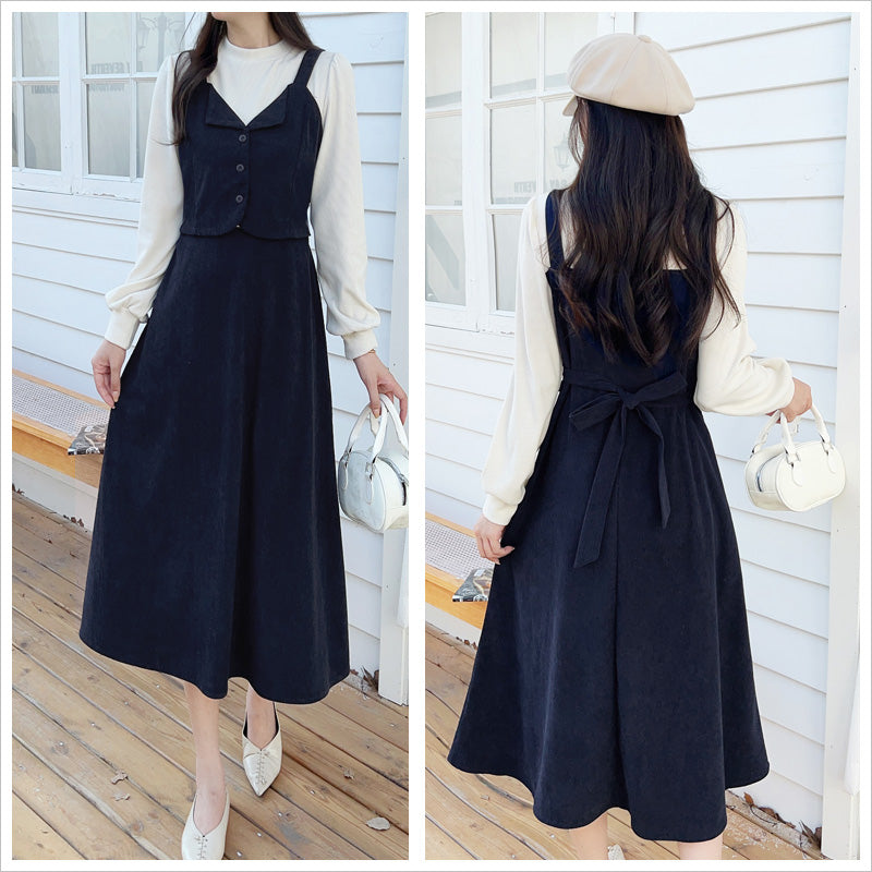 RA995 レディース ワンピース ロングワンピース コーデュロイ レイヤード風 重ね着風 ミモレ丈