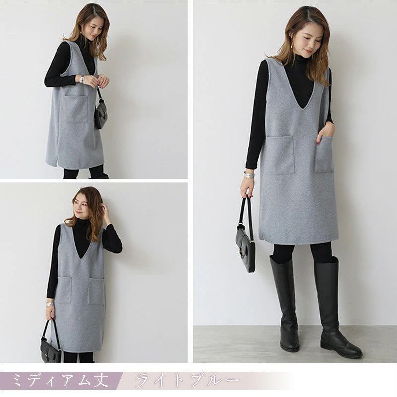RA695 ジャンパースカート 重ね着 大人 深 Vネック