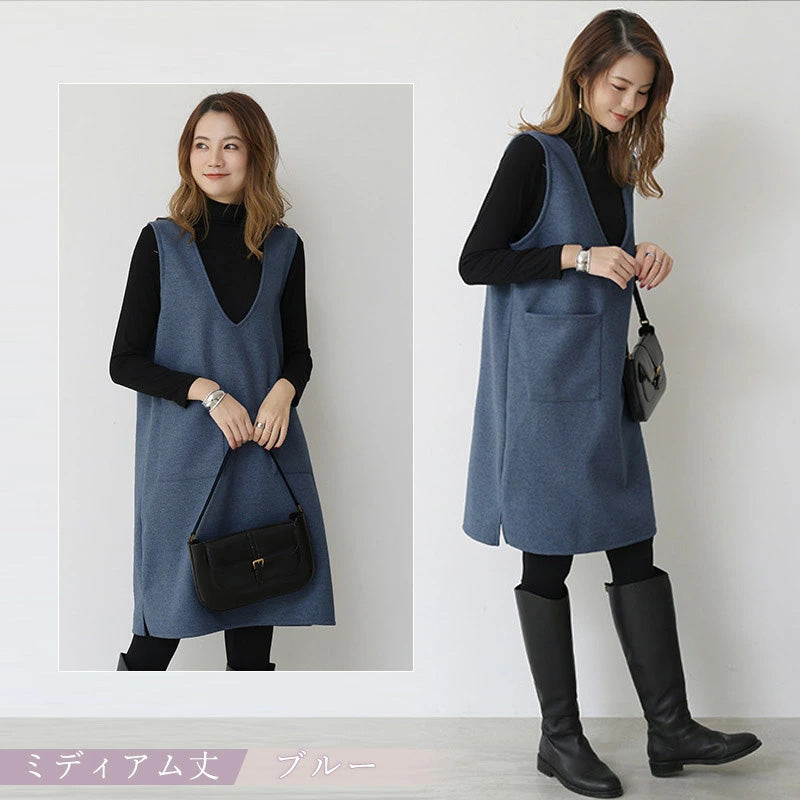 RA695 ジャンパースカート 重ね着 大人 深 Vネック