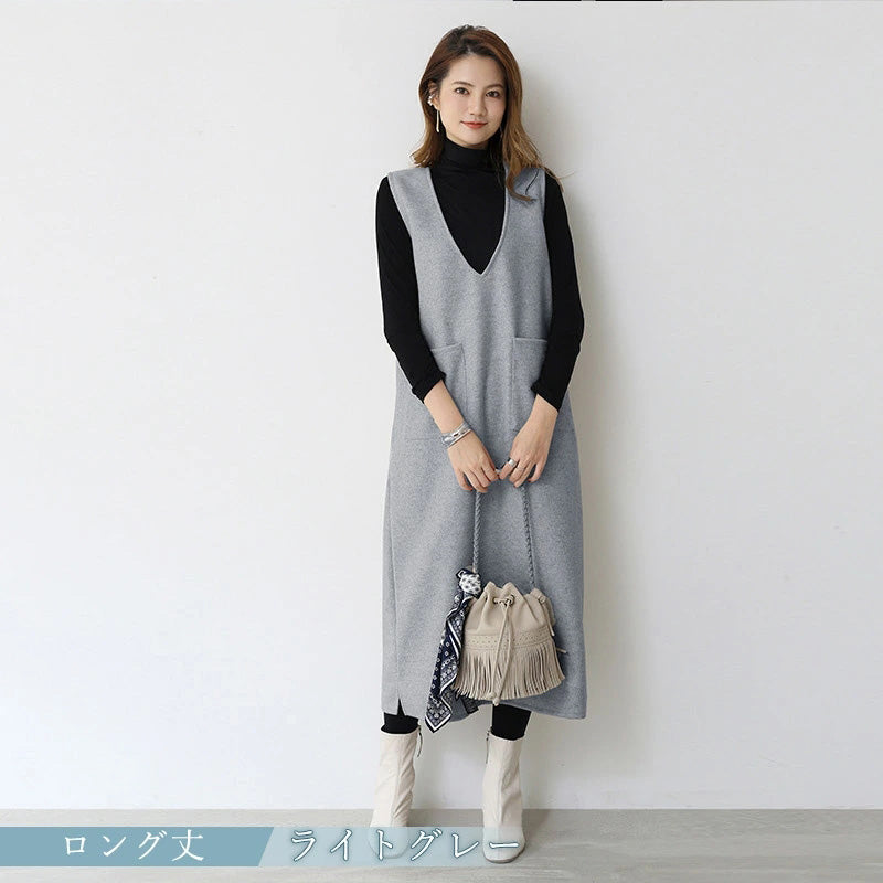 RA695 ジャンパースカート 重ね着 大人 深 Vネック