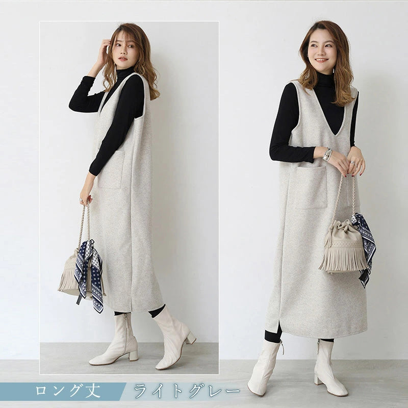 RA695 ジャンパースカート 重ね着 大人 深 Vネック